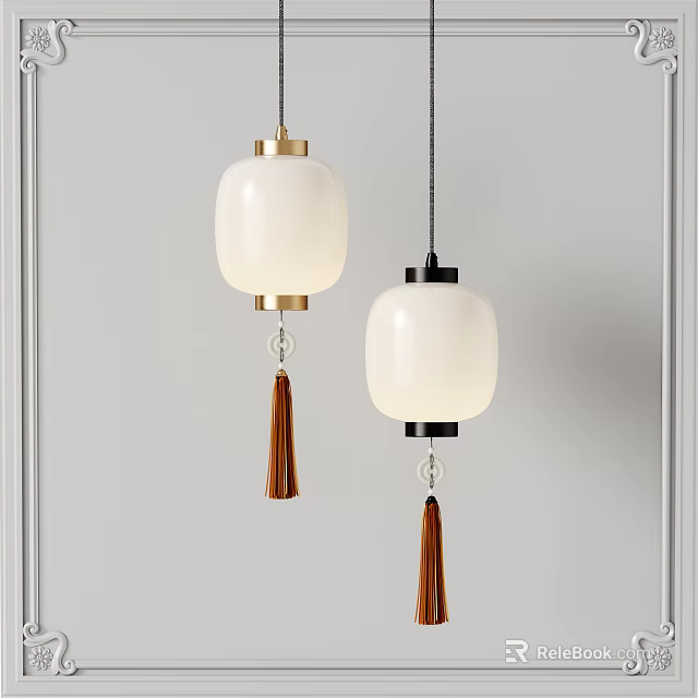 Modern Interior Pendant Lights with White Shades Gold Black Frames and Brown Tassels 3d model 