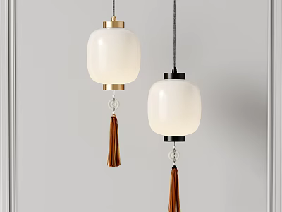 Modern Interior Pendant Lights with White Shades Gold Black Frames and Brown Tassels 3d model