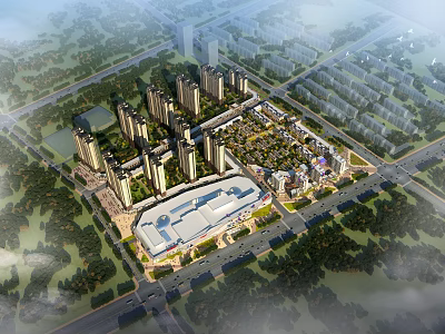 Aerial View of Urban Building Complex with High Rise Towers Green Spaces and Commercial Area 3d model