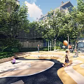 Serene Garden Landscape With Lush Trees Pathway And Seating Areas For Families