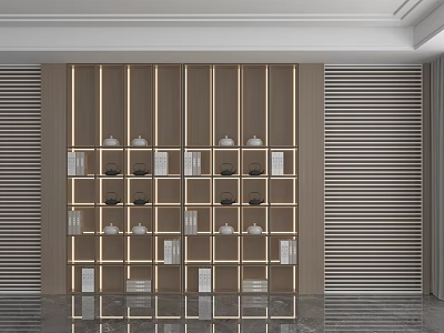 Modern Wooden Shelving Unit In Interior With Layered Design And Decorative Pieces 3d model