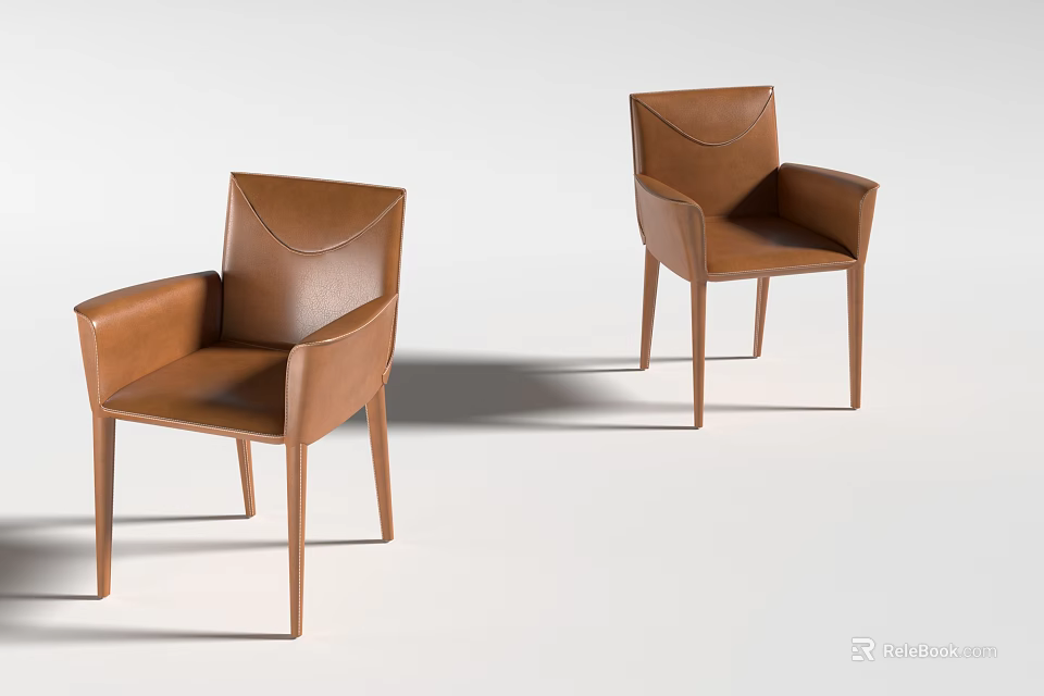 Modern Brown Leather Dining Chairs With Armrests And Wooden Legs Design 3d model 