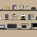 Essential Kitchen Appliances Displayed on Shelves with Coffee Maker Toaster Blender and Microwaves