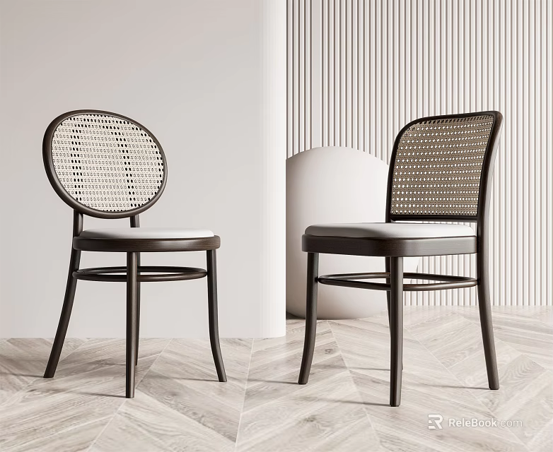 Stylish Dining Chairs With Black Frame Woven Rattan Backrest And Gray Cushion On Wooden Floor 3d model 