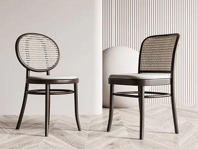 Stylish Dining Chairs With Black Frame Woven Rattan Backrest And Gray Cushion On Wooden Floor 3d model