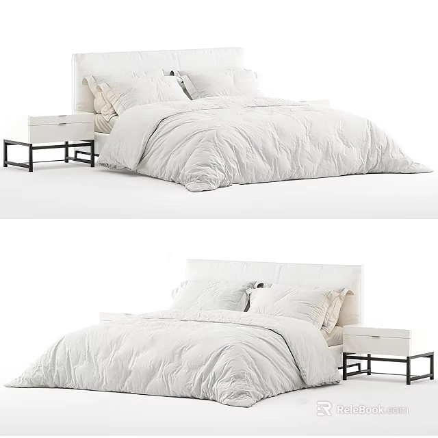 Modern Double Bed In Bedroom Interior With White Bedding Pillows And Nightstand 3d model 