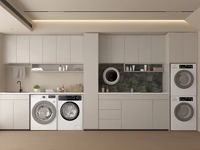 Modern Laundry Room Interior Design With White Cabinets And Washing Machines 3d model