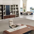 Modern Office Desk with Leather Chair Wooden Bookcase and Laptop in Contemporary Interior