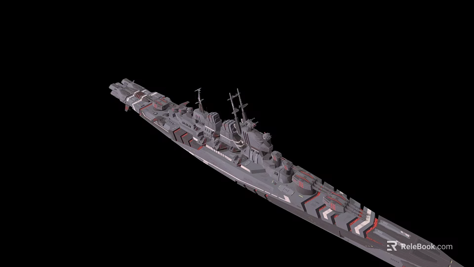 Gray Warship Model With Multiple Turrets And Antennas On Black Background 3d model 