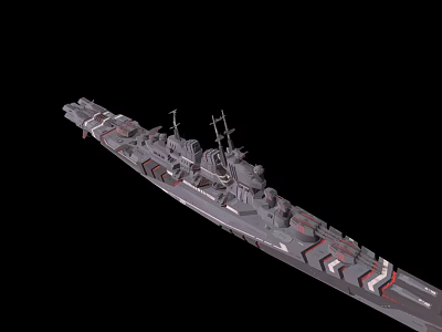 Gray Warship Model With Multiple Turrets And Antennas On Black Background 3d model