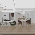Modern Living and Dining Room Design With White Cabinets Wooden Flooring TV Chandelier Dining Table
