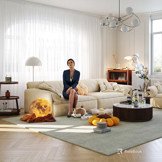 Cozy Modern Living Room Interior With Beige Sofa Moon Shaped Pillow And Orange Decor 3d model 