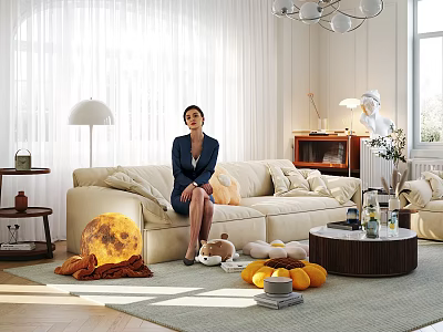 Cozy Modern Living Room Interior With Beige Sofa Moon Shaped Pillow And Orange Decor 3d model