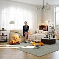 Cozy Modern Living Room Interior With Beige Sofa Moon Shaped Pillow And Orange Decor