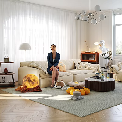 Cozy Modern Living Room Interior With Beige Sofa Moon Shaped Pillow And Orange Decor 3d model