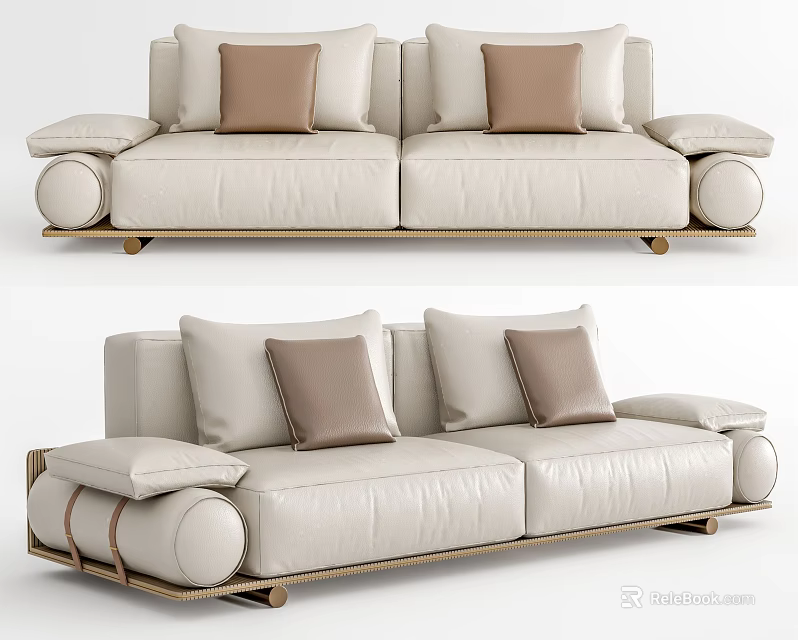 Ivory Leather Two-Seater Sofa With Brown Cushions And Rattan Trim Design 3d model 