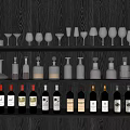 Dark Wooden Wine Rack With Multiple Shelves Holding Wine Bottles And Glasses