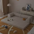 Beige Sectional Sofa With Metal Frame On Rug And Floor Lamp Dessert Coffee Artwork