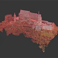 Ancient Stone Castle With Multiple Towers Surrounded By Lush Green Trees And Grass