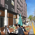 Lively Commercial Street With Multi Story Buildings Outdoor Seating Decorative Lights And Pedestrians