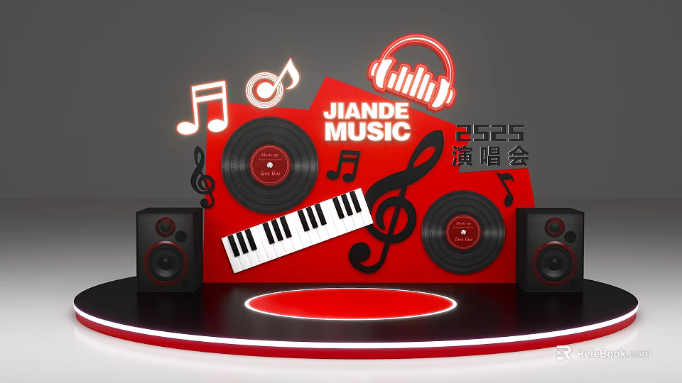 Jiangde Music 2025 Concert Photo Spot With Red Background Vinyl Records Headphones And Music Notes 3d model 