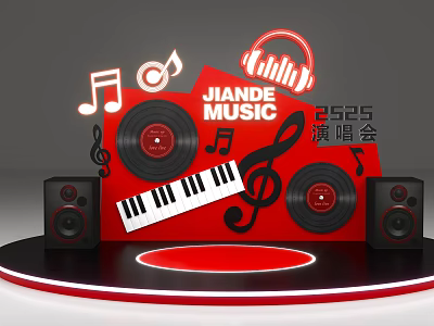 Jiangde Music 2025 Concert Photo Spot With Red Background Vinyl Records Headphones And Music Notes 3d model