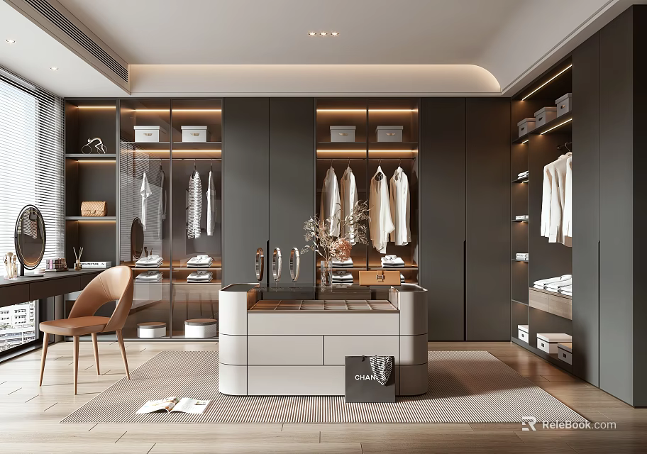 Modern Walk-in Closet Interior With Dark Cabinets White Hanging Clothes And Dressing Table 3d model 