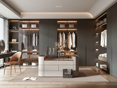 Modern Walk-in Closet Interior With Dark Cabinets White Hanging Clothes And Dressing Table 3d model