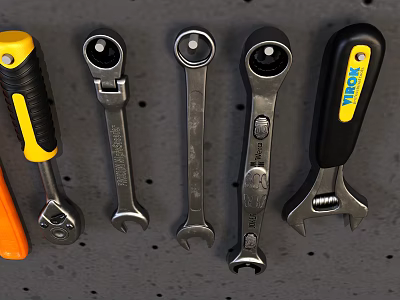 Professional Hardware Tools Collection Including Adjustable And Socket Wrenches With Yellow Black Handles 3d model