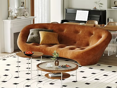 Modern Curved Brown Sofa And Round Coffee Table Set With Decorative Pillows Plants And Books 3d model