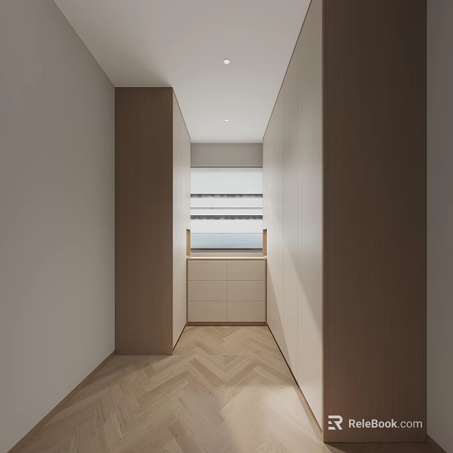 Modern Cloakroom Interior Design With Wooden Cabinets Drawer Units And Herringbone Flooring 3d model 