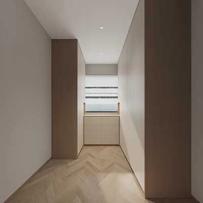 Modern Cloakroom Interior Design With Wooden Cabinets Drawer Units And Herringbone Flooring 3d model