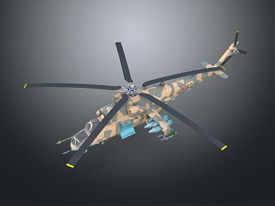 Military Attack Helicopter Featuring Camouflage Paint Multiple Rotors And Weapon Systems 3d model
