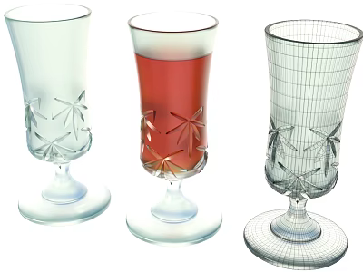 Three Decorative Wine Glasses With Starburst Pattern Transparent Red Liquid And Wireframe Design 3d model