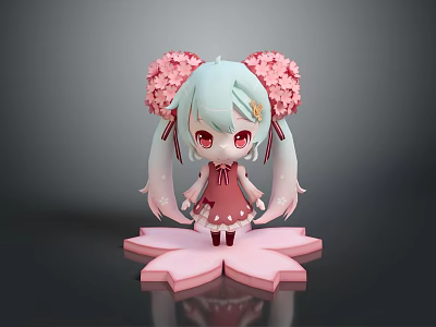 Child Doll With Light Blue Hair Pink Flower Accessories Pink Dress On Petal Base 3d model
