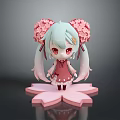 Child Doll With Light Blue Hair Pink Flower Accessories Pink Dress On Petal Base
