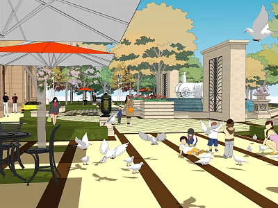 Sales Office Building With Doves People Fountain Green Trees And Outdoor Seating 3d model