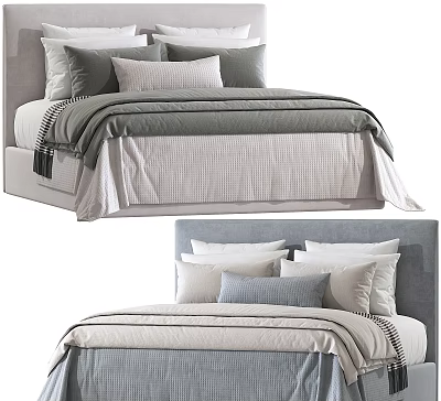 Elegant Double Bed With Gray Headboard Multiple White Pillows And Striped Bedding 3d model