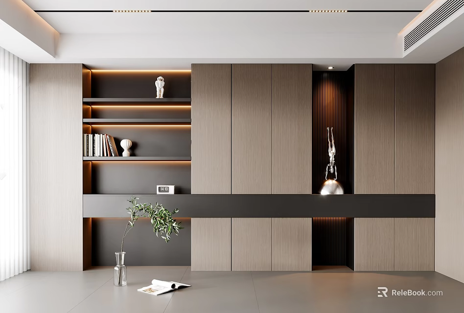 Elegant Modern Wooden Display Cabinet With Open Shelves Decorative Items And Soft Lighting 3d model 