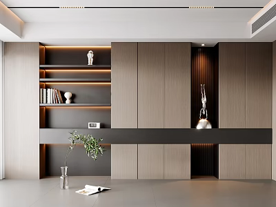 Elegant Modern Wooden Display Cabinet With Open Shelves Decorative Items And Soft Lighting 3d model