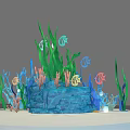3D Underwater Scene Model With Blue Seaweed Colorful Fish Coral And White Platform