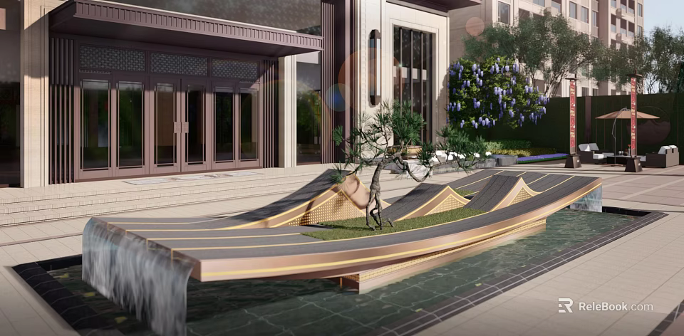 Modern Front Garden Feature With Water Flow Wooden Platform Small Plants And Steps 3d model 