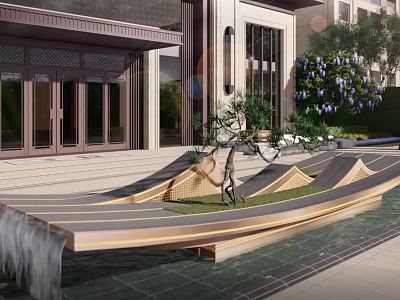 Modern Front Garden Feature With Water Flow Wooden Platform Small Plants And Steps 3d model