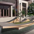 Modern Front Garden Feature With Water Flow Wooden Platform Small Plants And Steps