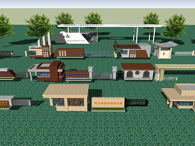 Various Designed Entrance Gates With Decorative Fences Green Lawn And Trees 3d model