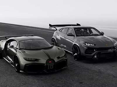 Luxury Sports Cars Parked On Coastal Highway With Sleek Design And Ocean View 3d model