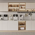 Modern Kitchen With Daily Appliances Coffee Maker Refrigerator Water Dispenser And Cabinets