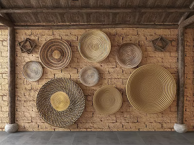 Woven Baskets Decor On Brick Wall With Wooden Ceiling And Stone Floor 3d model