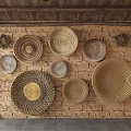 Woven Baskets Decor On Brick Wall With Wooden Ceiling And Stone Floor