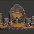 Cartoon Scene with Stone Arch Orange Lava Pool and Blue Glowing Runes Around Central Altar